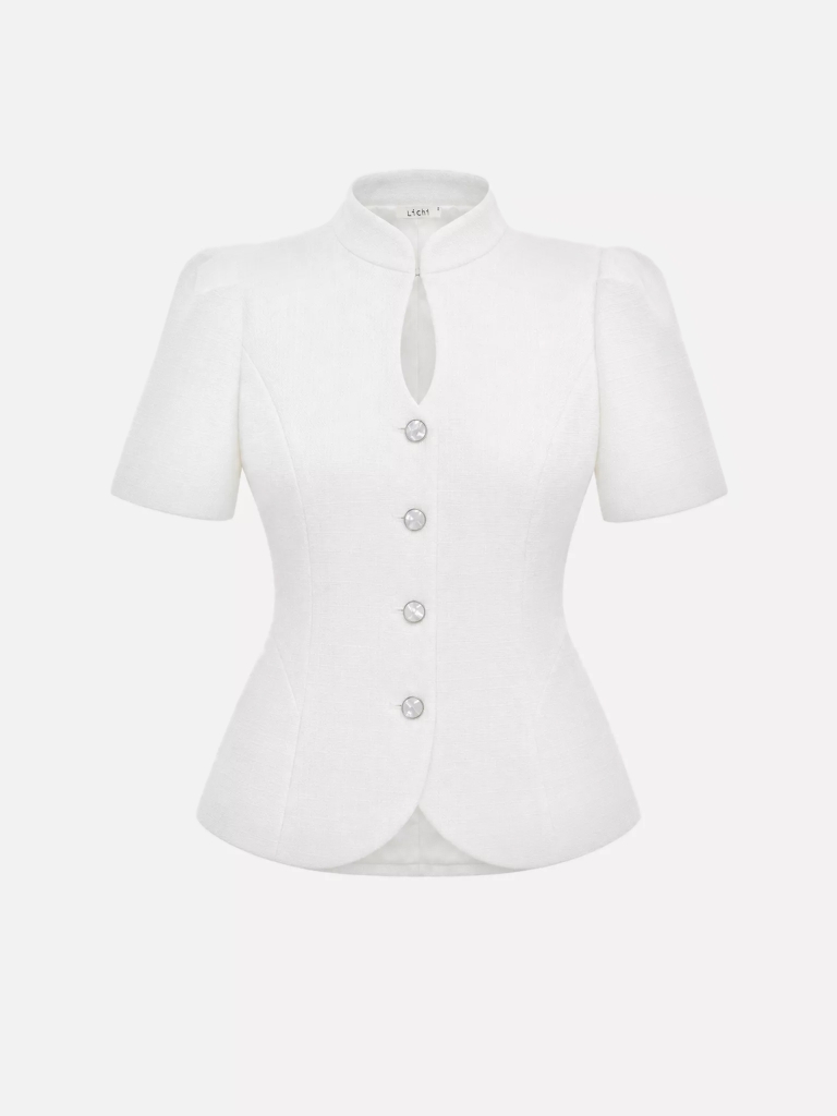 Textured fabric jacket with voluminous short sleeves