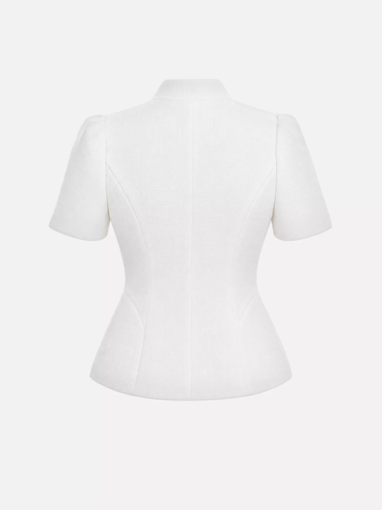 Textured fabric jacket with voluminous short sleeves