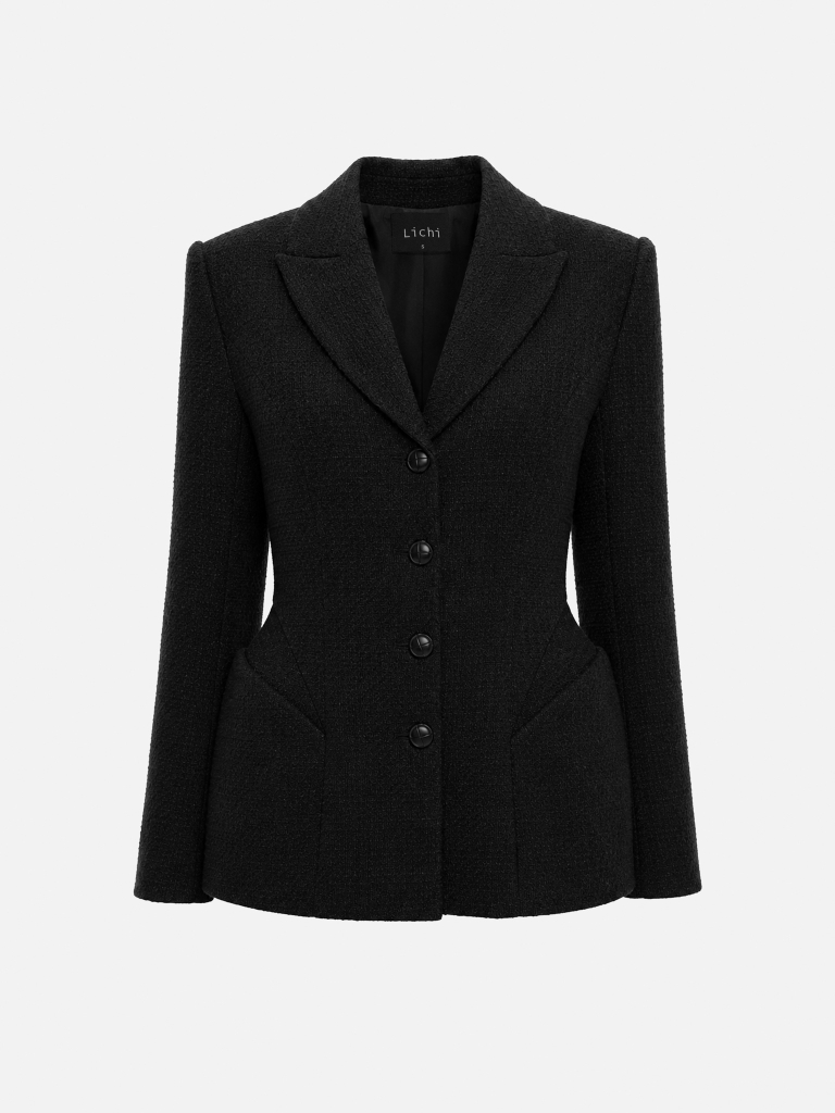 Tweed jacket with voluminous inserts at the hips