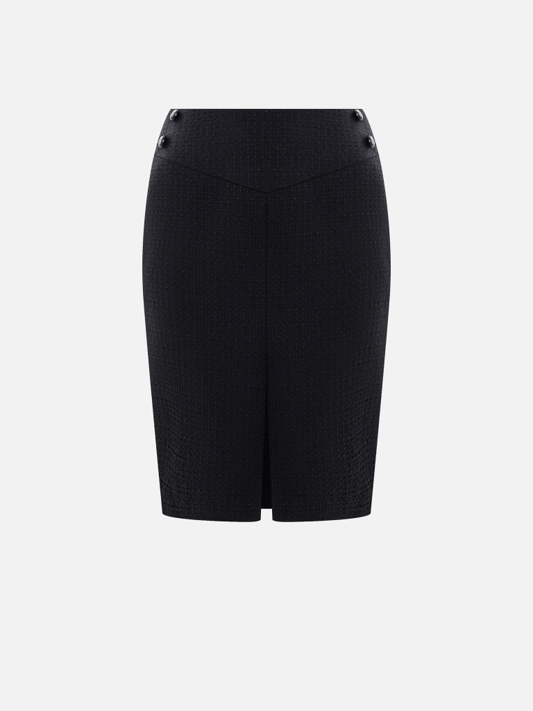 Knee-length tweed skirt with a front slit