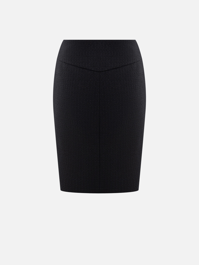 Knee-length tweed skirt with a front slit