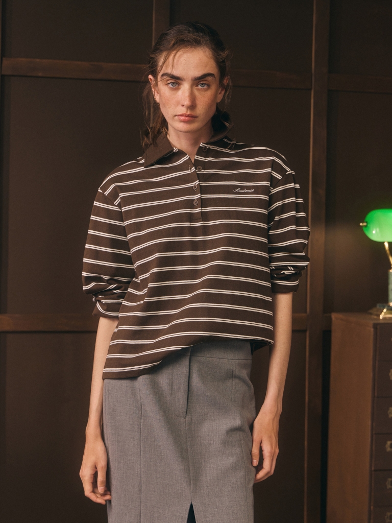 Loose-fitting cotton striped polo shirt with long sleeves and embroidery