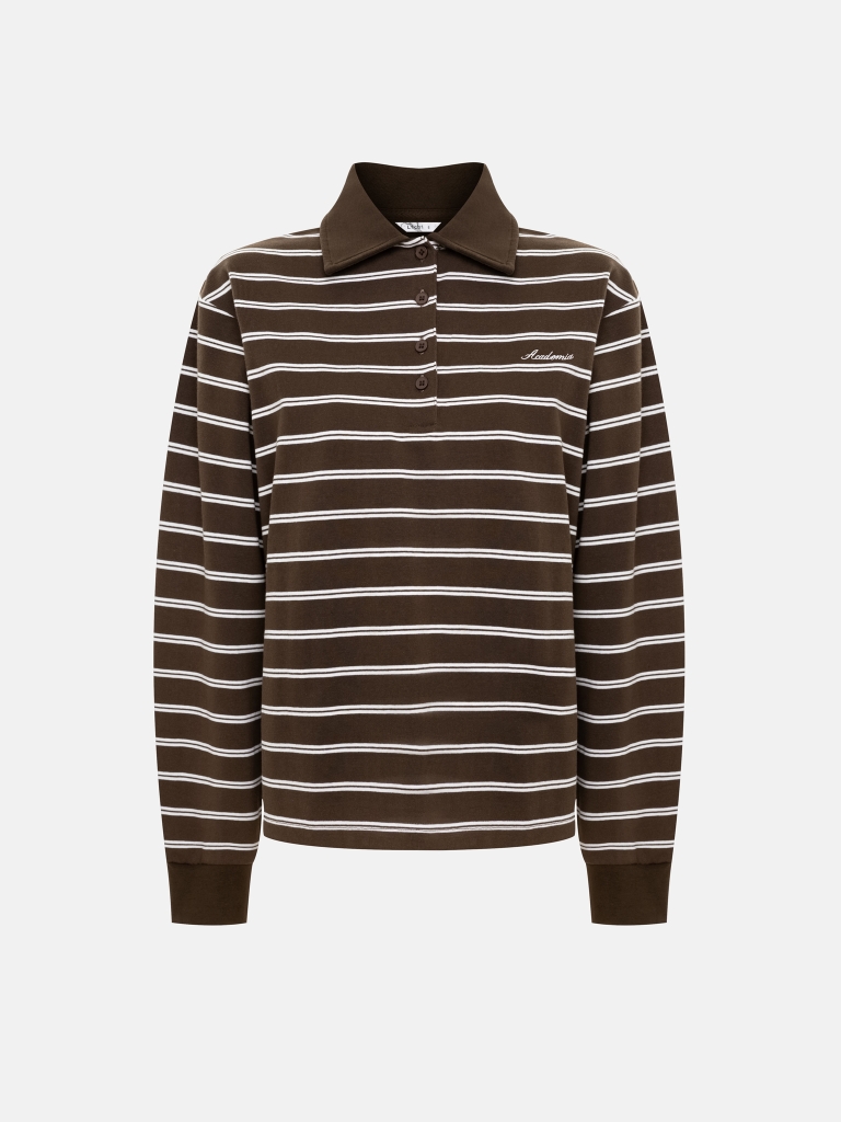 Loose-fitting cotton striped polo shirt with long sleeves and embroidery