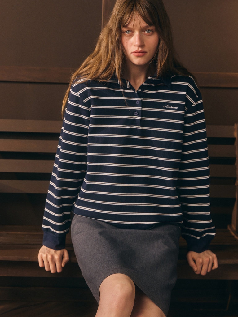 Loose-fitting cotton striped polo shirt with long sleeves and embroidery