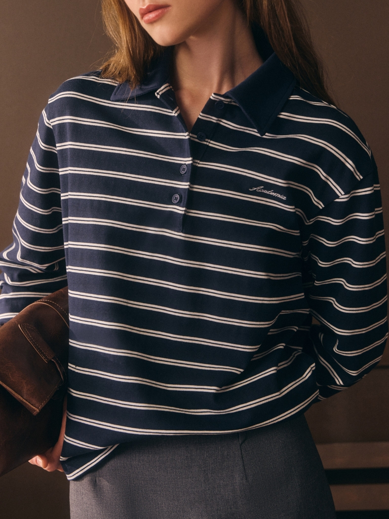 Loose-fitting cotton striped polo shirt with long sleeves and embroidery