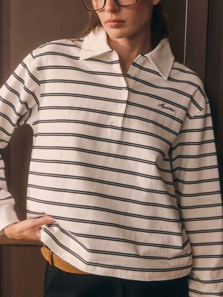 Loose-fitting cotton striped polo shirt with long sleeves and embroidery