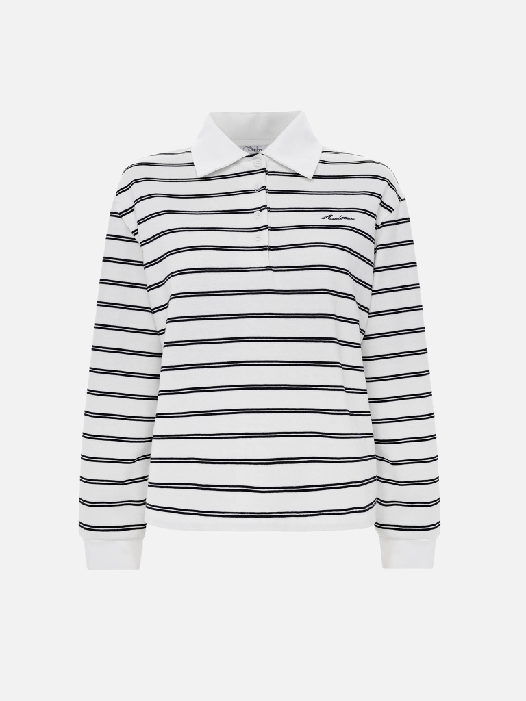 Loose-fitting cotton striped polo shirt with long sleeves and embroidery