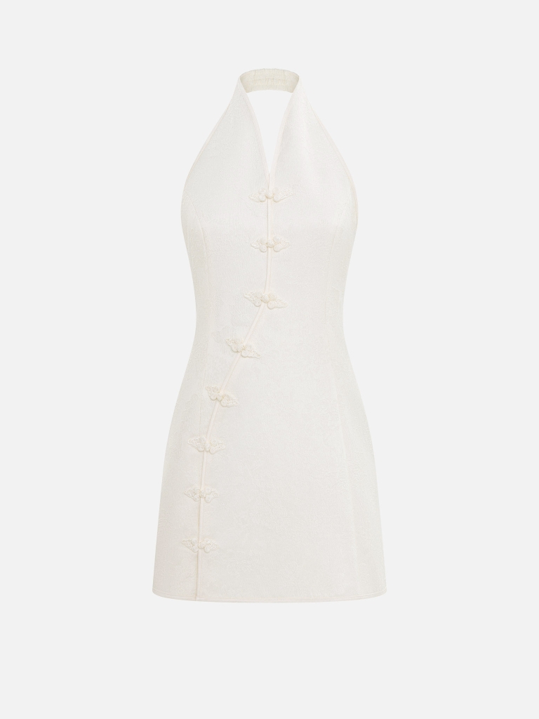Jacquard mini dress with a diagonal fastening