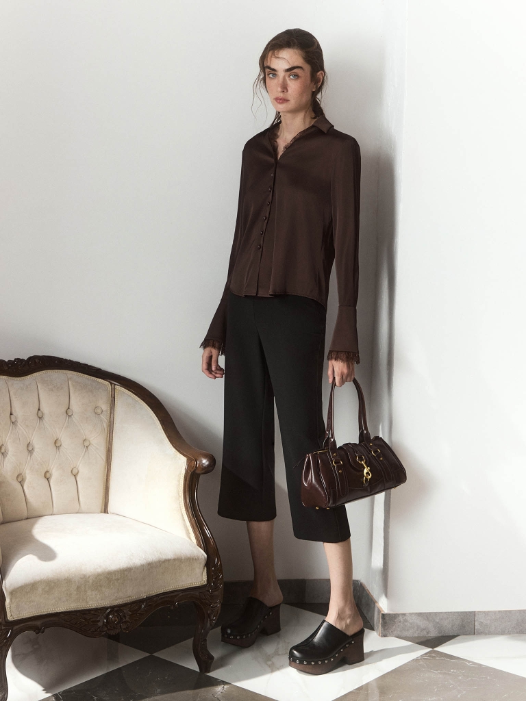 Satin blouse with lace trim