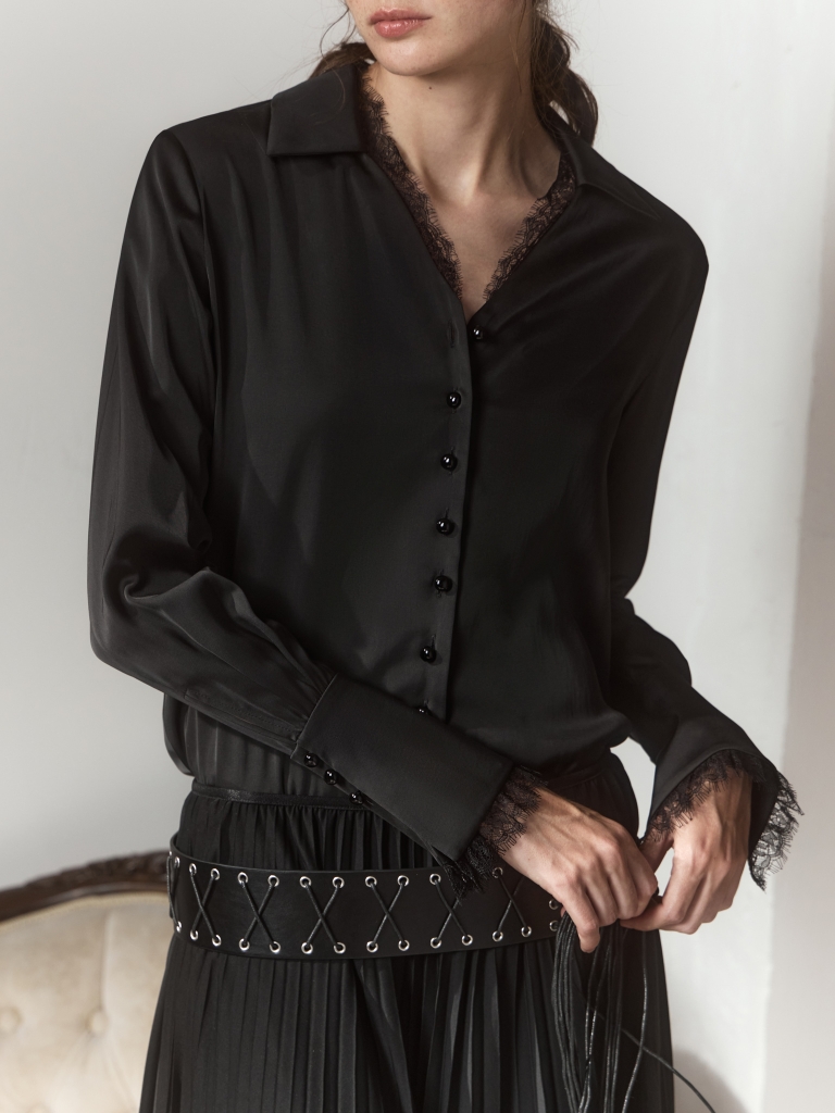 Satin blouse with lace trim