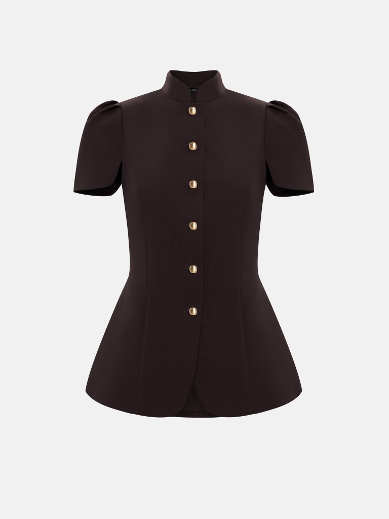 Fitted jacket with a stand-up collar and voluminous sleeves