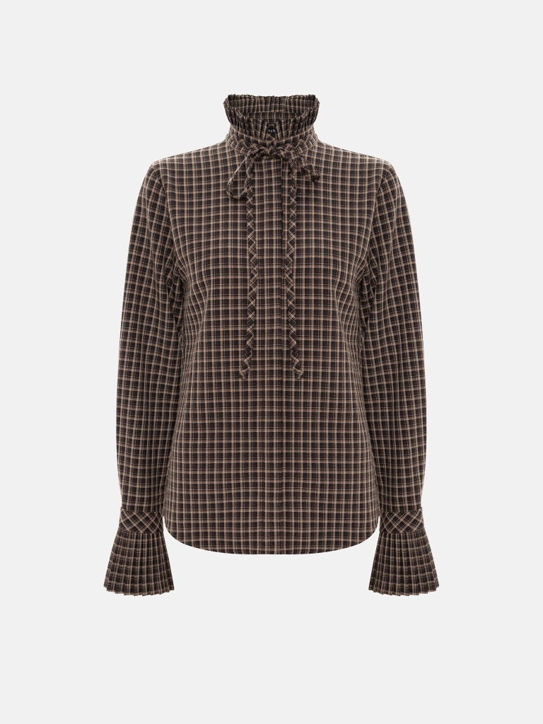 Checkered shirt with pleated details and ties at the collar