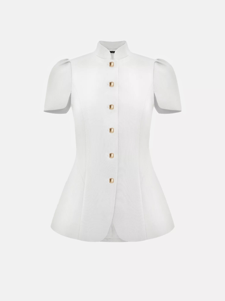 Fitted jacket with a stand-up collar and voluminous sleeves