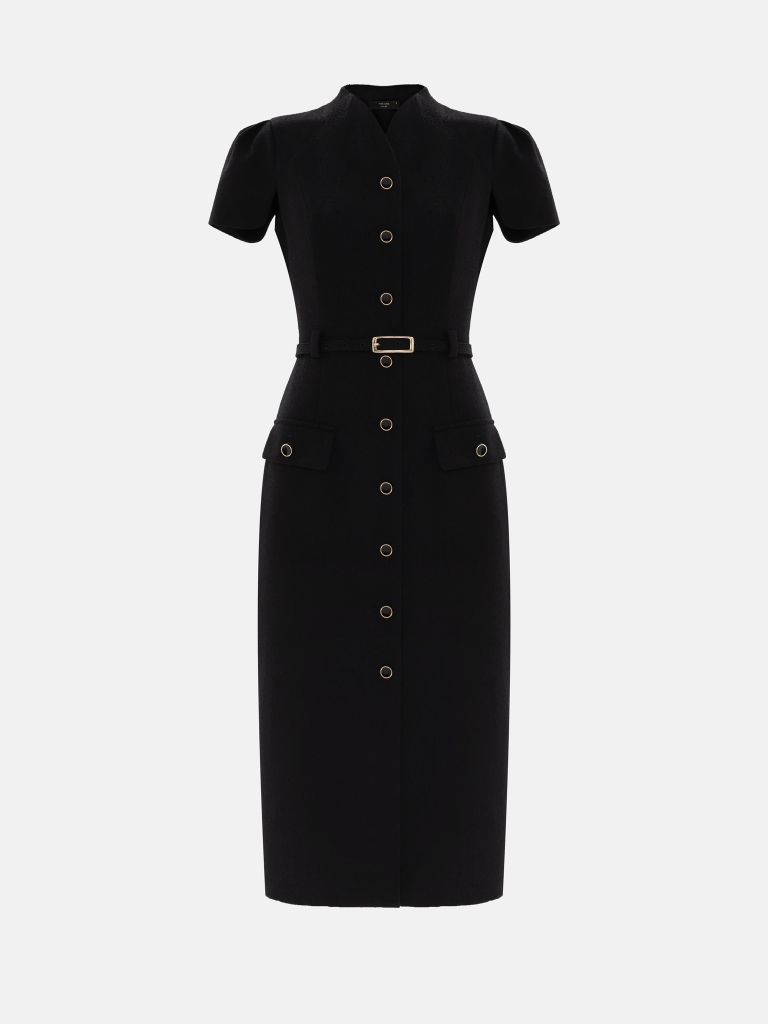 Midi dress with short sleeves and tonal belt