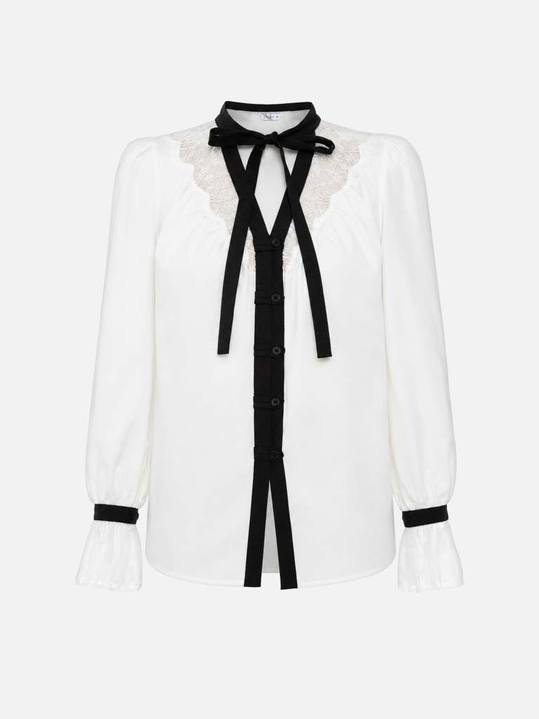 Lightweight blouse with lace detailing and a bow at the collar