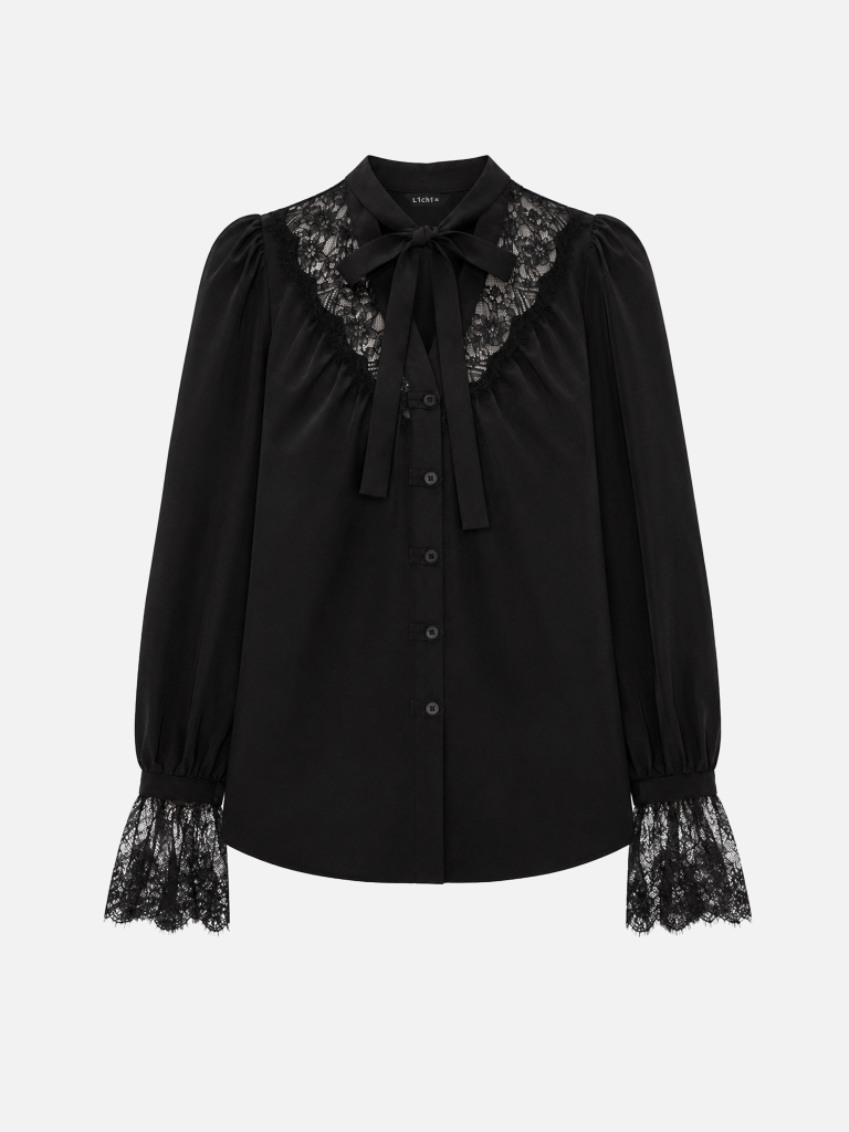 Lightweight blouse with lace trim and a bow at the collar