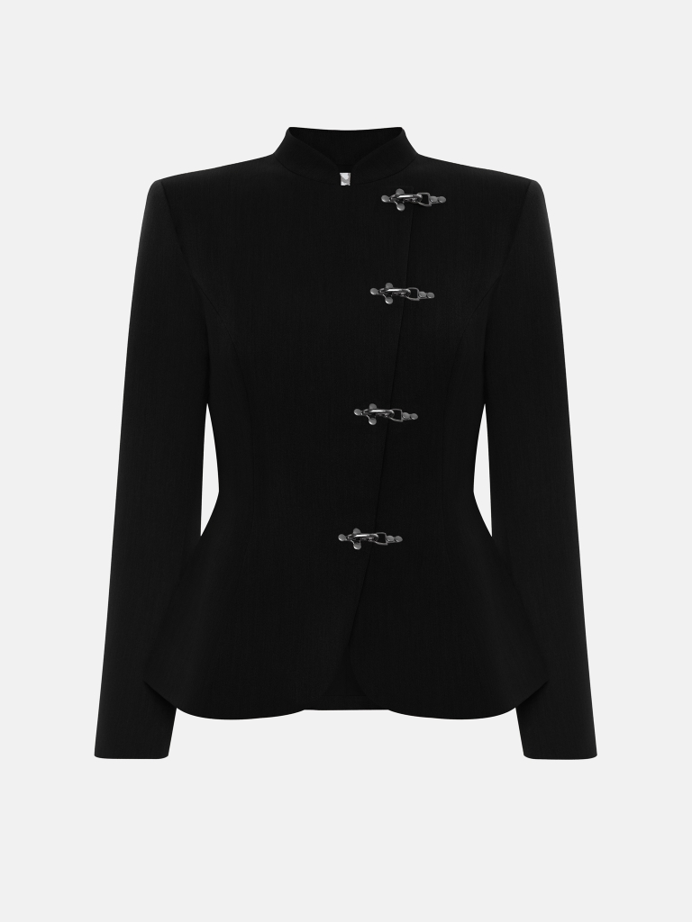 Fitted jacket with metal clasps