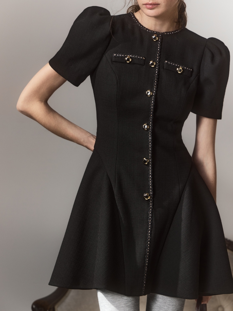 Tweed mini dress with short sleeves and contrasting trim