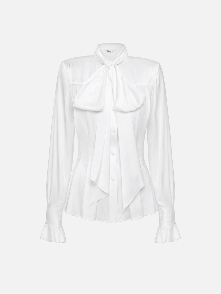 Blouse with a bow at the collar and large pleats