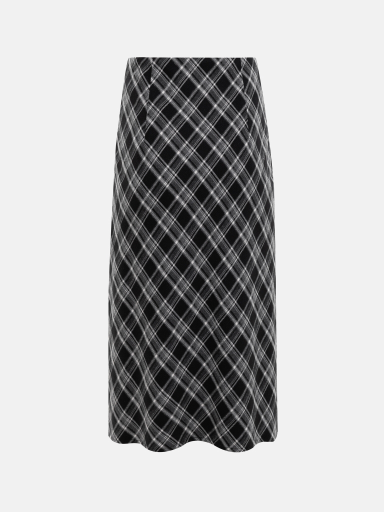 Straight, knee-length checked skirt
