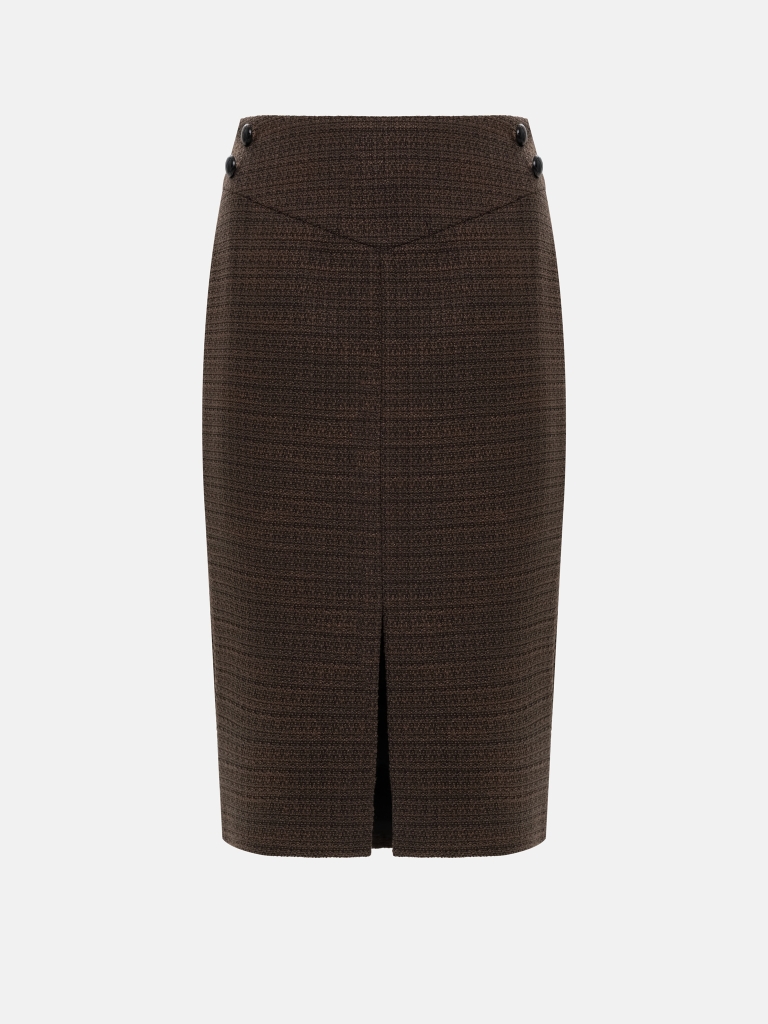 Knee-length tweed skirt with a front slit