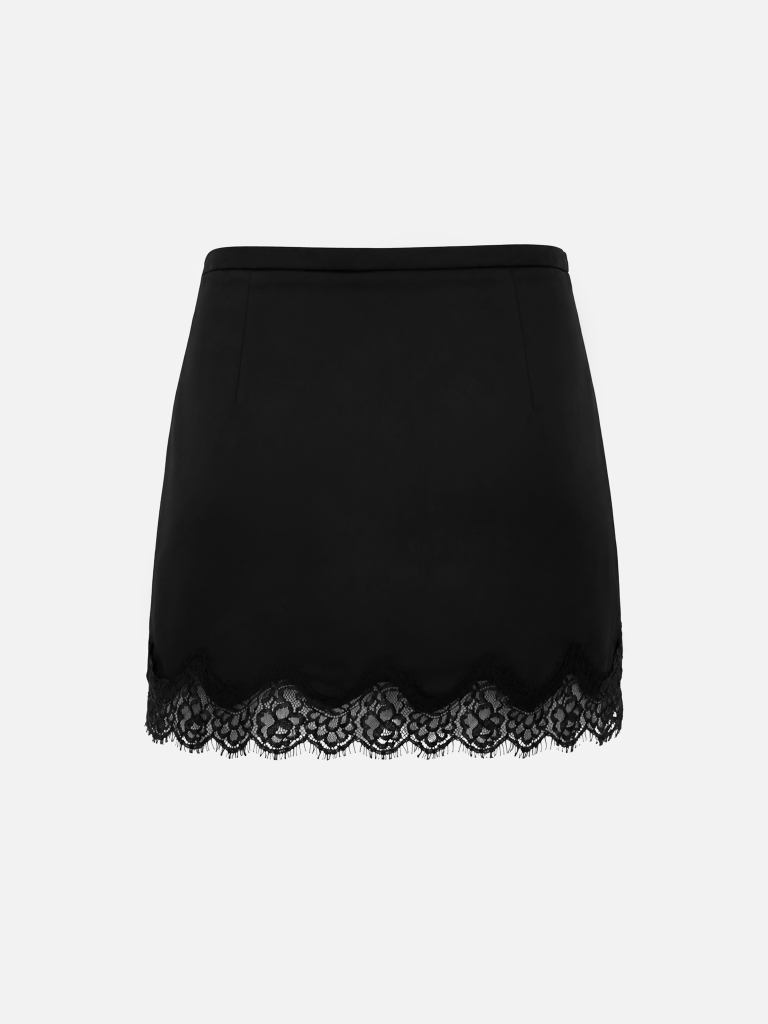 Satin mini skirt with lace trim
