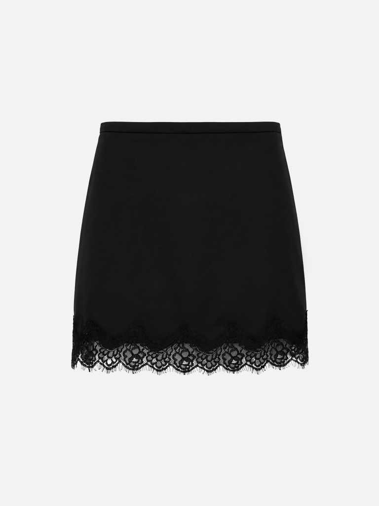 Satin mini skirt with lace trim