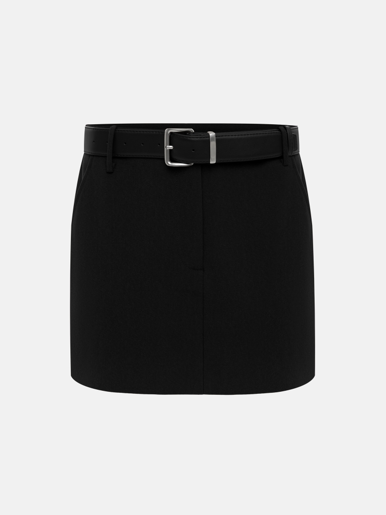 Straight-cut mini skirt with a wide eco-leather belt