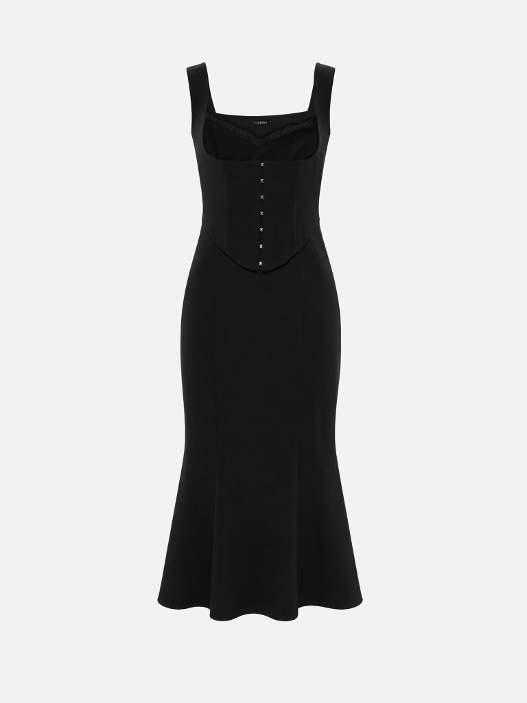 Midi dress with wide straps and a corset-style insert at the waist