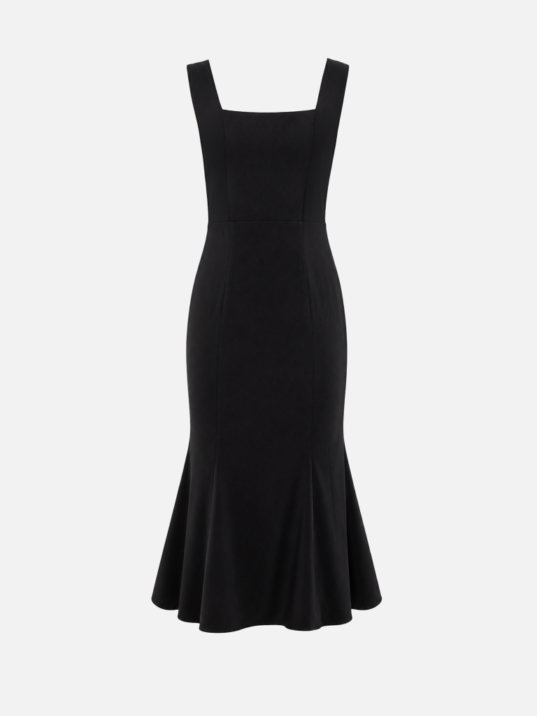 Midi dress with wide straps and a corset-style insert at the waist