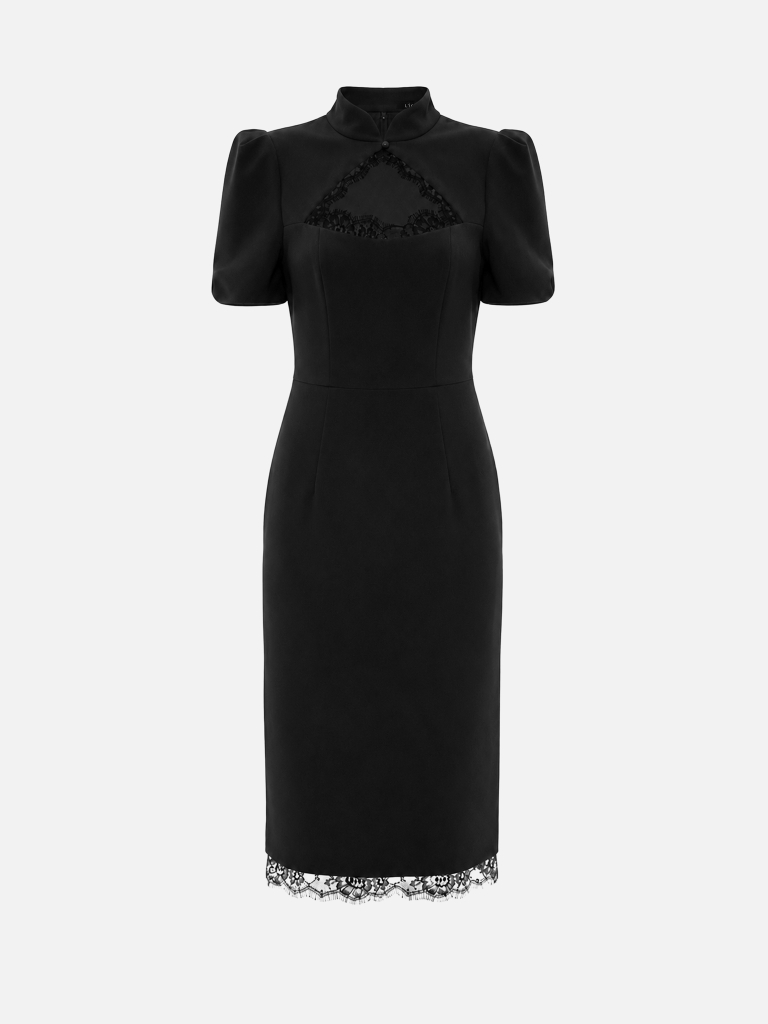 Midi dress with a statement neckline and lace