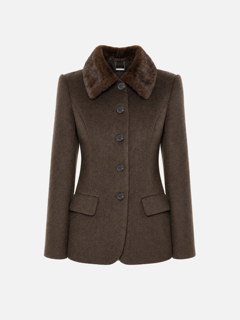 Fitted woollen coat with an eco-fur collar