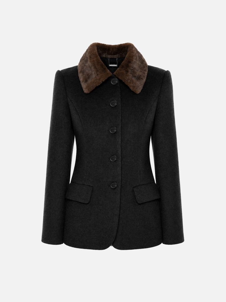 Fitted woollen coat with an eco-fur collar