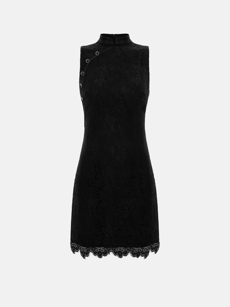 Guipure mini dress with a diagonal fastening on the bodice
