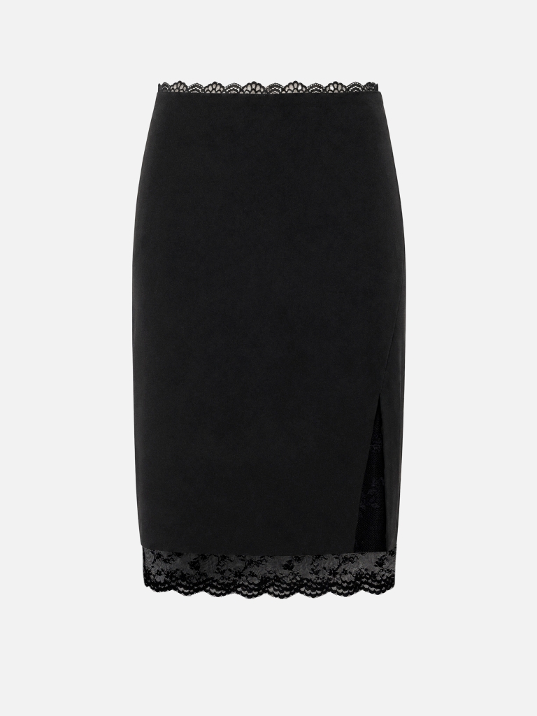 Knee-length skirt with a slit and lace trim