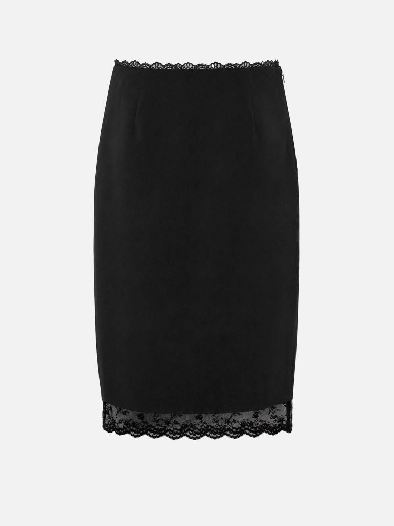 Knee-length skirt with a slit and lace trim