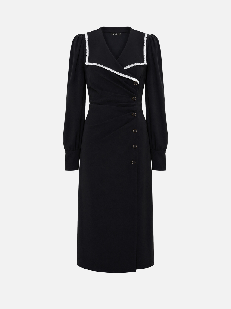 Midi dress with contrasting trim on the collar