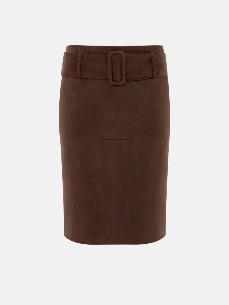 Knee-length eco-suede skirt with a wide belt