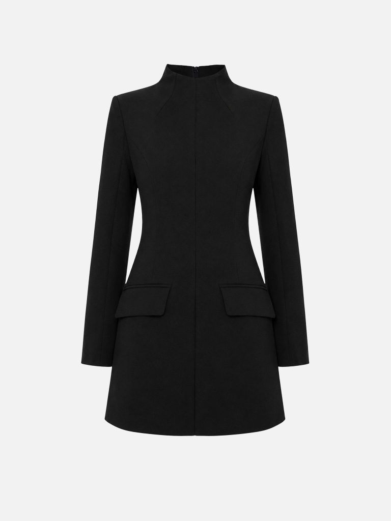 Mini dress with accentuated shoulders and a zip on the collar
