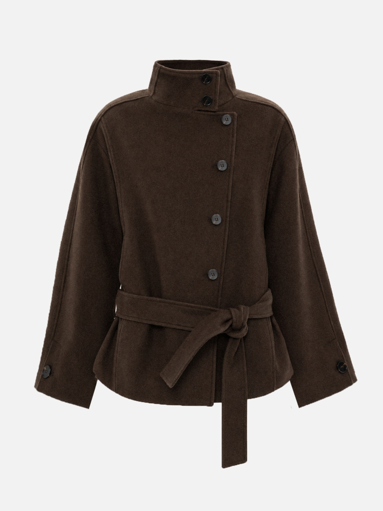 Short coat with button fastening and a matching belt