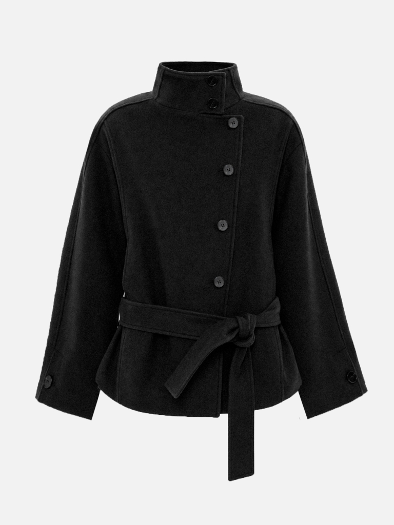 Short coat with button fastening and a matching belt