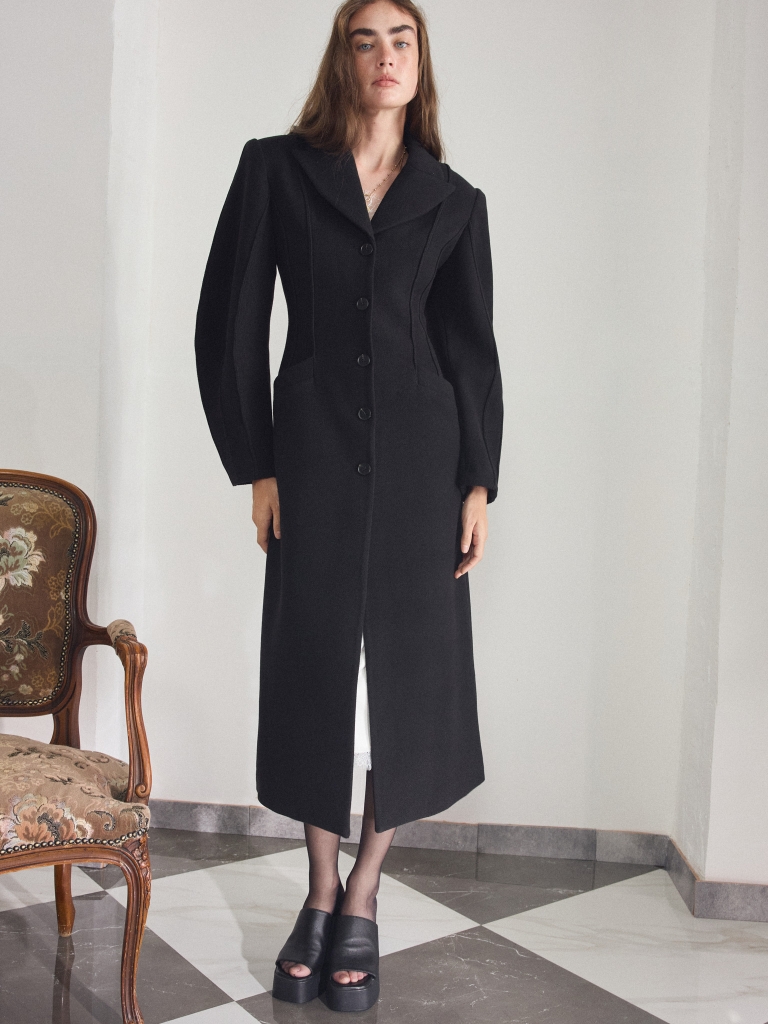 Fitted midi coat with voluminous sleeves