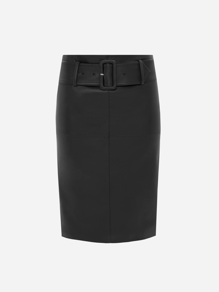 Knee-length eco-leather skirt with a wide belt