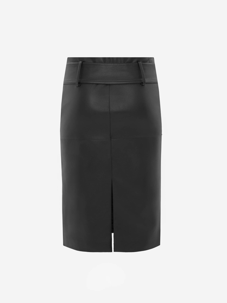 Knee-length eco-leather skirt with a wide belt