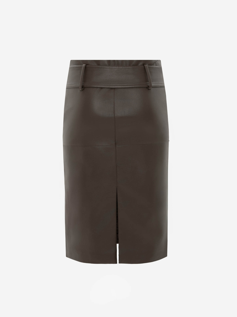 Knee-length eco-leather skirt with a wide belt