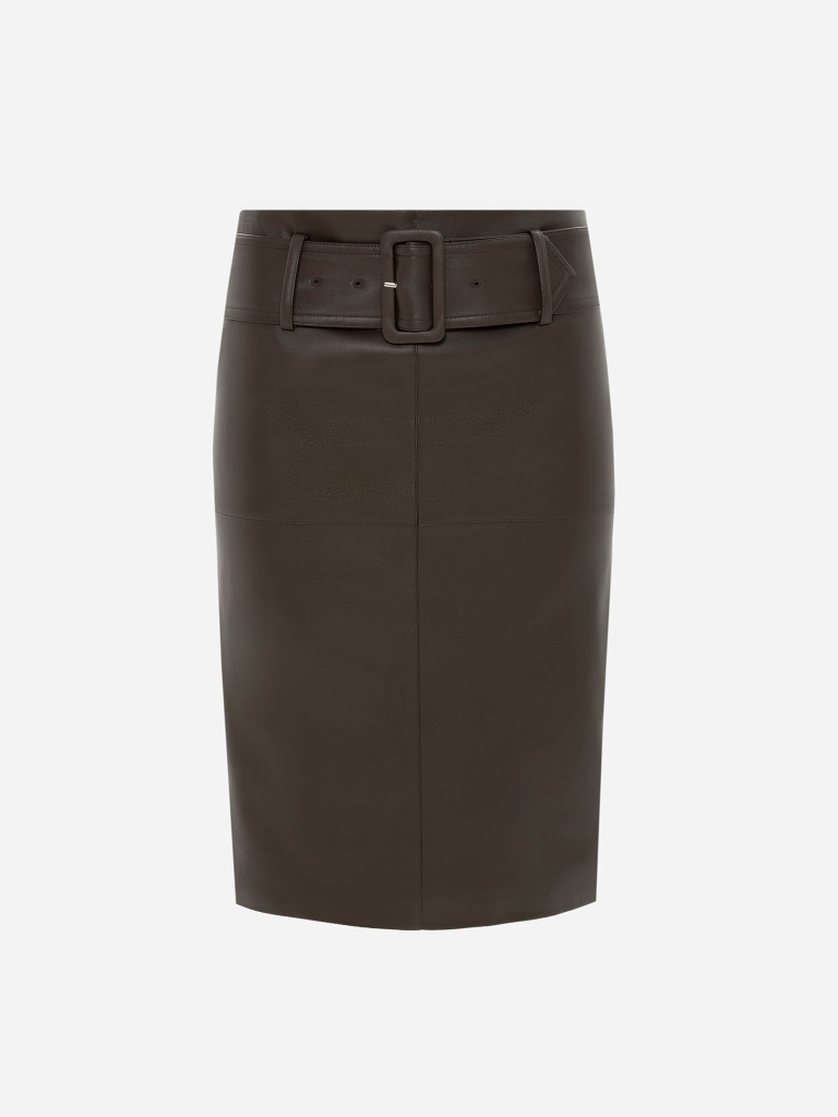 Knee-length eco-leather skirt with a wide belt