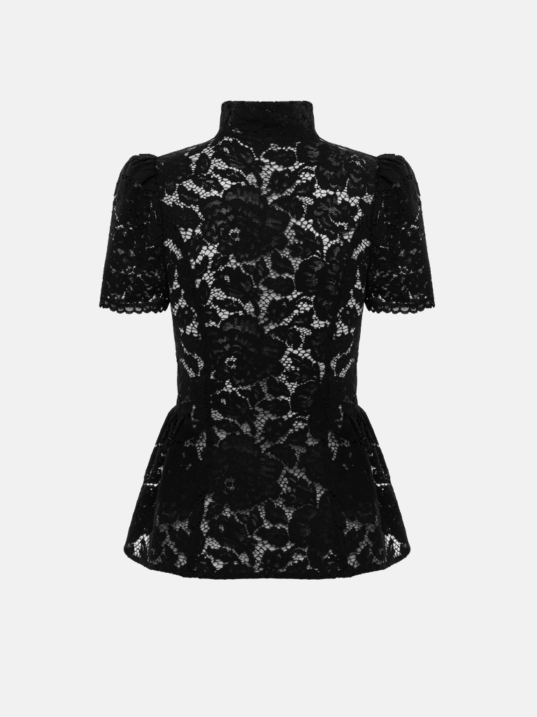 Fitted guipure blouse with a teardrop neckline and peplum