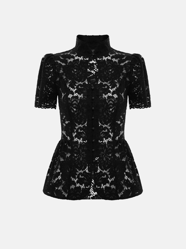 Fitted guipure blouse with a teardrop neckline and peplum