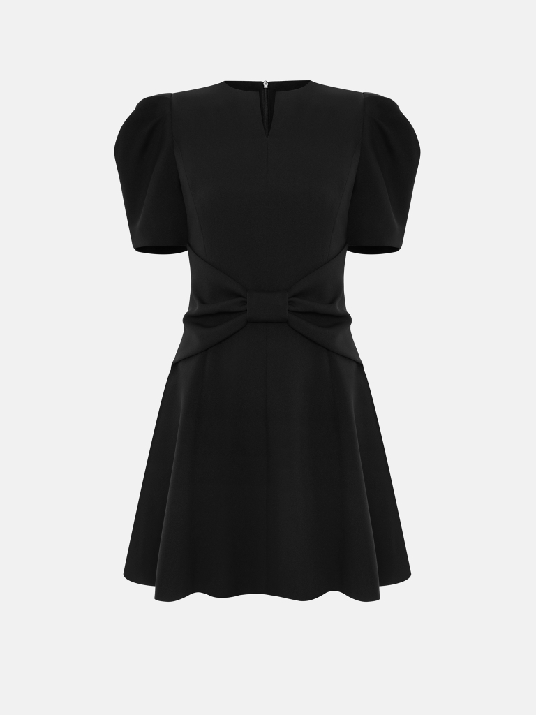Mini dress with a bow at the waist and a voluminous skirt