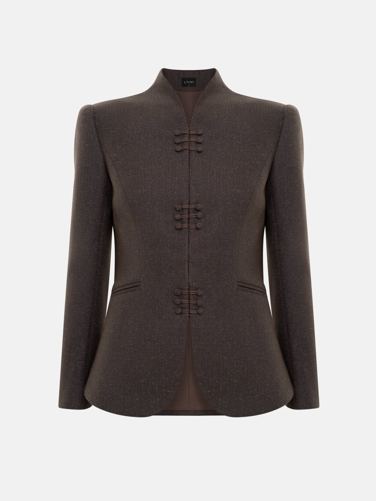 Single-breasted jacket with a high collar and hidden fastening